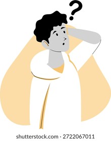 Pensamiento y preguntas: Ilustración de estilo plano, hombre barbudo confuso que piensa duro con un signo de interrogación - Ilustración vectorial de concepto de resolución de problemas
