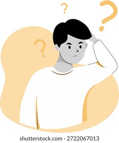Pensamiento y preguntas: Ilustración de estilo plano, hombre barbudo confuso que piensa duro con un signo de interrogación - Ilustración vectorial de concepto de resolución de problemas
