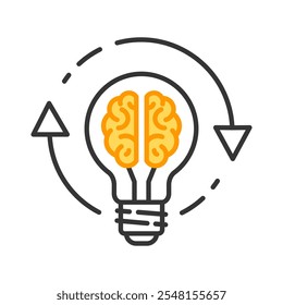 Refrescar el cerebro con el icono de la bombilla. Refrescar la mente, el trabajo del Actualizar, recargar la Ilustración vectorial delgada del trazador de líneas del cerebro.