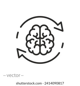 icono de actualización de pensamiento, cerebro de trabajo de actualización, actividad de inteligencia, cerebro con flechas de circulación, símbolo de línea delgada sobre fondo blanco - ilustración de vector de trazo editable