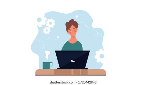 Denken trauriger Mann auf Laptop Vektor flache Illustration Geschäftskonzept. Professionelle Probleme mit der menschlichen Lösung funktionieren. Verwirrung Mann Brainstorming Kopf Entscheidung. Gedanken zum Zeichentrickjob