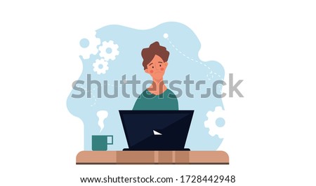 Thinking sad man on laptop vector flat illustration business concept. Professional human solution question problem work. Confusion guy brainstorming head decision. Character inspiration job thought