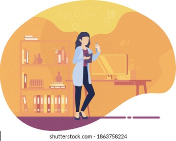 Científico pensante. Ilustración sobre burbuja. Estilo plano