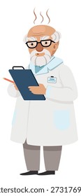 Mascote cientista pensante. Homem sênior com jaleco de laboratório