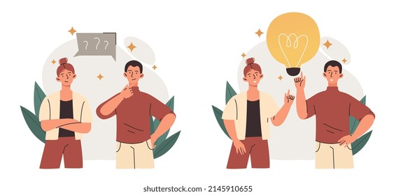 Thinking And Searching For Ideas Concept. Young Male And Female Partners Ask Questions, Reflect And Find Creative Solutions To Problems. Employees With Light Bulb. Cartoon Flat Vector Illustration