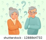 Thinking seniors couple. Confused elderly people. Grandfather, grandmother forget and trying remember. Troubled old senior discussion, aging seniors worried talking cartoon vector illustration
