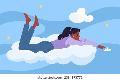 Thinking and serene fantasy dreams, happy alone time of girl vector illustration. Cartoon side view of young woman lying and touching soft white fluffy cloud in blue summer sky, person flying in air