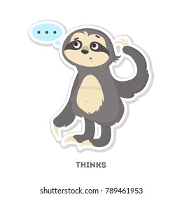 Thinking sloth sticker. Isolated funny cartoon character.