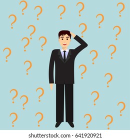 Thinking and smiling businessman, surrounded by question marks. Businessman thinking about business idea. Business idea concept. Flat design illustration, isolated.