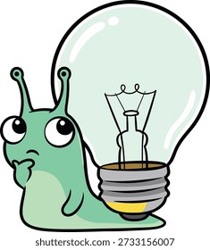 Thinking snail sticker of a whimsical green slug with a light bulb shell, perfect for metaphors about slow innovation, brainstorming, and creative idea expression
