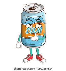 Thinking soda can cartoon character with funny smile face