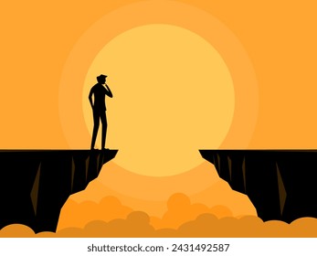 Thinking solving problems. man stands thinking and making decision in the cliff gap