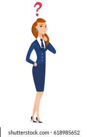 Thinking stewardess with question mark. Thoughtful stewardess with question mark. Stewardess looking at question mark above her head. Vector flat design illustration isolated on white background.