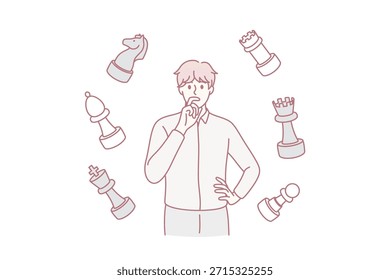 Thinking of strategy and chess concept. Young man cartoon character standing thinking with chess figured flying around vector illustration