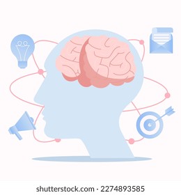Thinking strategy concept. The brain in the head comes up with ideas. Icons symbolize megaphone, letters, light bulbs, and targets around the head. Vector illustration