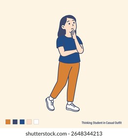 Thinking Student Character Illustration in Casual Outfit