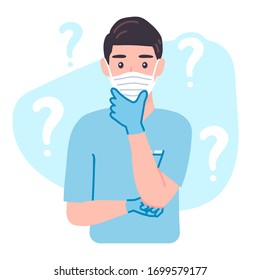 Thinking Surgeon Doctor in gloves. Masked Medical male personage with a curious expression, confused, wonder. Worried character isolated vector illustration in cartoon flat style.