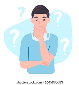 Thinking Surgeon Doctor. Medical male personage with a curious expression, confused, wonder. Worried character isolated vector illustration in cartoon flat style.