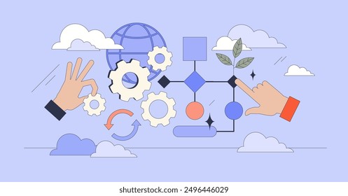 Thinking in systems with cognitive structure tiny person neubrutalism concept. Mindset and information management using order and logic vector illustration. Thought organization and connection.