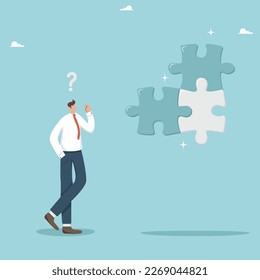 Thinking, thought process, gaining knowledge, finding ways to solve a complex problem, creating a strategy or a long-term plan for the development of a new business, a businessman solves a puzzle.