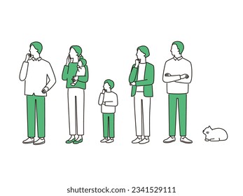 Thinking three generation family. Grandparents, parents, children, grandchildren and pet cat. simple full body illustration