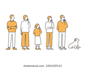 Thinking three generation family. Grandparents, parents, children, grandchildren and pet dog. simple full body illustration