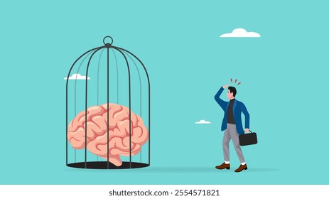 thinking traps, Negative Thought Patterns That Keep You Stuck, Stressed and Anxious, social issue, confused man with a brain trapped in a cage illustration