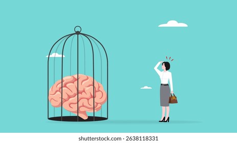 thinking traps, Negative Thought Patterns That Keep You Stuck, Stressed and Anxious, social issue, confused woman with a brain trapped in a cage illustration