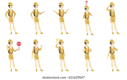 Pensando en el viajero con signo de interrogación. Un viajero reflexivo con signo de interrogación. Viajero asiático mirando signos de interrogación por encima de la cabeza. Conjunto de ilustraciones de diseño plano vectorial aisladas en fondo blanco.