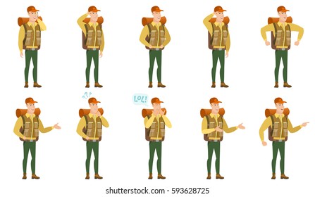 Thinking traveler with question marks above his head. Thoughtful traveler with question marks. Traveler looking up and thinking. Set of vector flat design illustrations isolated on white background.