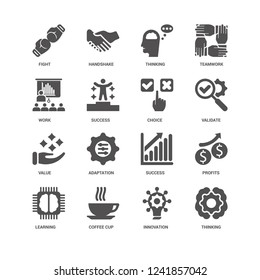 Thinking, Validate, Choice, Learning, Profits, Fight, Work, Value, Innovation, Coffee cup, Thinking icon 16 set EPS 10 vector format. Icons optimized for both large and small resolutions.