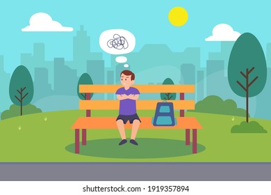 Thinking vector concept: Little boy thinking something in the park while sitting on the bench with doodle over head