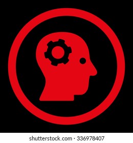 Thinking vector icon. Style is flat rounded symbol, red color, rounded angles, black background.