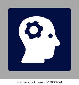 Thinking vector icon. Style is flat rounded square button, white and dark blue colors, silver background.