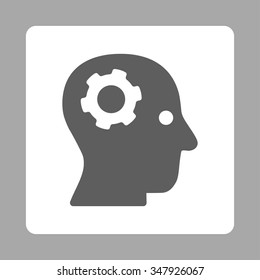 Thinking vector icon. Style is flat rounded square button, dark gray and white colors, silver background.