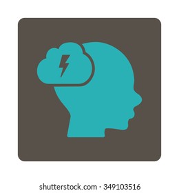 Thinking vector icon. Style is flat rounded square button, cyan and grey colors, white background.