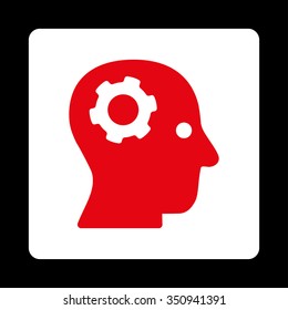 Thinking vector icon. Style is flat rounded square button, red and white colors, black background.