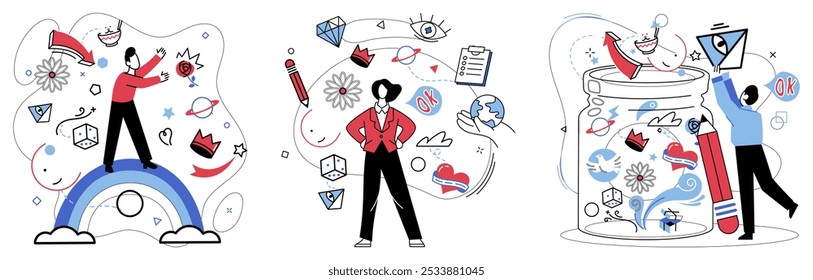 Thinking vector illustration. In garden contemplation, intelligence is sunlight, nourishing seeds creative ideas Brainstorming is laboratory where chemistry ideas reacts under watchful eyes thoughtful