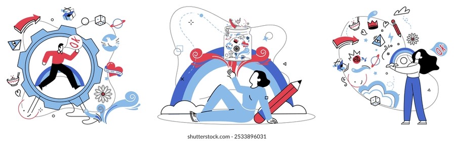 Thinking vector illustration. Reflective intelligence is compass, pointing north towards destination thoughtful analysis and discovery Imagination is phoenix, rising from ashes thoughtful pondering