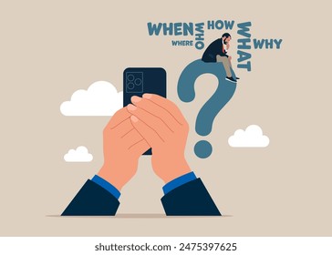 Thinking of who what where when why and how. 5w1h asking questions for solution to solve problem. Flat vector illustration