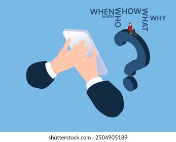 Thinking of who what where when why and how. 5w1h asking questions for solution to solve problem 3d isometric vector illustration