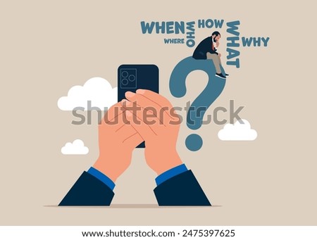 Thinking of who what where when why and how. 5w1h asking questions for solution to solve problem. Flat vector illustration