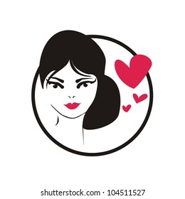 Thinking woman with black hair and hearts. Hand drawn in simply glamour design style vector Illustration isolated on white background. Young girl with love on her mind icon