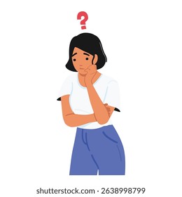 Thinking woman cartoon characters showcasing questioning emotion on face feeling worried isolated on white background. Female personage with uncertain thoughtful facial expression vector illustration
