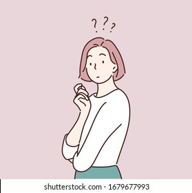 Thinking woman character. Hand drawn style vector design illustrations.