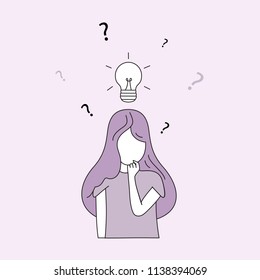 Thinking woman doodle style isolated on pink background. Woman deep in thought. For web site, wallpaper and placard. Useful for backdrop, poster and banner. Creative art concept, vector illustration