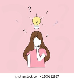 Thinking woman doodle style isolated on pink background. Woman deep in thought. For web site, wallpaper and placard. Useful for backdrop, poster and banner. Creative art concept, vector illustration