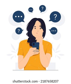 Thinking woman feeling confused holding mobile phone with question mark looking up with thoughtful focused expression concept illustration