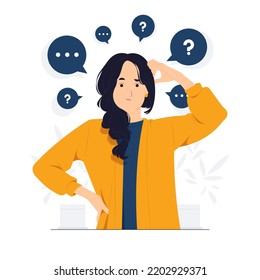 Thinking woman feeling confused holding mobile phone with question mark looking up with thoughtful focused expression concept illustration