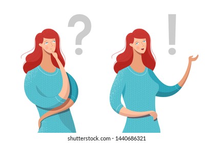 Thinking woman flat vector characters set. Cartoon girl deciding, considering options with hand on chin. Confused lady suggesting solution, answer isolated character. Question, exclamation mark